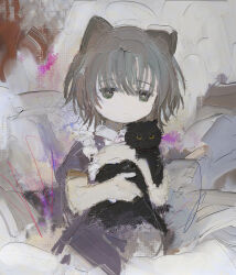 1girl animal animal_ears black_cat cat cat_ears cat_girl ciel_(paradis47) closed_mouth highres holding holding_animal holding_cat looking_at_viewer original short_hair short_sleeves solo