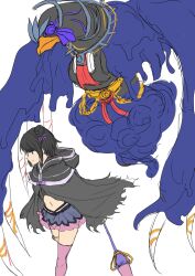 1girl black_hair cape doppel_(madoka_magica) gkgk2gk22 hair_bun highres holding_baton_(weapon) ichizo_(madoka_magica) kuroe_(madoka_magica) magia_record:_mahou_shoujo_madoka_magica_gaiden mahou_shoujo_madoka_magica navel single_hair_bun solo thighs weapon