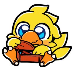 beak bird bkub blue_eyes chocobo closed_mouth final_fantasy final_fantasy_fables full_body no_humans simple_background sitting smile solo white_background yellow_bird