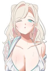 Rule 34 | 1girl, absurdres, bikini, blush, breasts, caricariume, ceras yanagida lilienfeld, cleavage, collarbone, commentary request, cone hair bun, day, double bun, dress, frilled bikini, frills, grey hair, hair bun, hasu no sora school uniform, highres, i do me! (love live!), large breasts, link! like! love live!, looking at viewer, love live!, official alternate hairstyle, one eye closed, open clothes, open dress, open mouth, school uniform, simple background, single bare shoulder, single off shoulder, sky, solo, string bikini, summer uniform, swimsuit, unfinished, upper body, virtual youtuber, wet, white background, white bikini, white dress