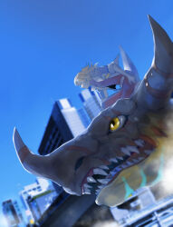 Rule 34 | 1boy, absurdres, blue jacket, blurry, blurry background, bodysuit, brown hair, cityscape, commentary, daimon masaru (digimon savers), digimon, digimon (creature), digimon savers, dinosaur, geogreymon, highres, jacket, male focus, medium hair, ookutsuwa waga, open clothes, open jacket, red bodysuit, sharp teeth, teeth