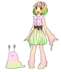 1girl blonde_hair blush bow brown_bow commentary_request full_body green_hair green_skirt looking_at_viewer meiko_(nattu303) monster_girl open_mouth personification pink_hair pink_shirt ragnarok_online red_eyes shirt short_hair simple_background skirt sleeveless sleeveless_shirt slime_(creature) slime_girl solo standing vanilmirth_(ragnarok_online) waist_bow white_background