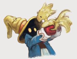 Rule 34 | 1boy, animal, arms up, bird, blue coat, chocobo, coat, collared coat, cropped torso, final fantasy, final fantasy ix, gloves, grey background, hat, holding, holding animal, kebe6p, looking at animal, male focus, outstretched arms, popped collar, red gloves, simple background, sleeve cuffs, solo, vivi ornitier, witch hat, yellow eyes, yellow hat