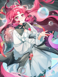 1girl absurdres arknights black_gloves bright_pupils bubble cleavage_cutout clothing_cutout commentary_request creature diamond-shaped_pupils diamond_(shape) dress floating_hair gloves hair_ribbon highres key light_blush long_hair long_sleeves looking_at_viewer nymph_(arknights) parted_lips pink_eyes pink_hair pointy_ears ribbon single_glove solo suimenjuu_no_mushi symbol-shaped_pupils very_long_hair water white_dress white_pupils white_ribbon