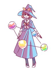 Rule 34 | 1girl, :d, bow, bowtie, cape, collared shirt, commentary, full body, hat, hat bow, high-waist skirt, highres, kirisame marisa, kirisame marisa (pc-98), long skirt, long sleeves, open mouth, orb, red hair, ruins of vina, shirt, short hair, simple background, skirt, smile, solid circle pupils, solo, story of eastern wonderland, touhou, touhou (pc-98), white background, white footwear, witch hat