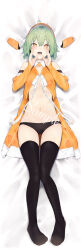 1girl absurdres ahoge bare_shoulders bed bed_sheet black_panties black_thighhighs blush breasts chunithm dakimakura_(medium) detached_collar detached_sleeves feet from_above full_body green_hair groin hair_between_eyes headphones highres kisaragi_yaya knees_together_feet_apart long_sleeves looking_at_viewer lying navel no_pants no_shoes on_back on_bed open_clothes open_mouth open_shirt orange_eyes orange_headphones orange_shirt orange_sleeves panties ribbon saliva sample_watermark shirt short_hair shouting shouting_with_hands sky_feather_(chunithm) sleeveless small_breasts socks solo stomach teeth thighhighs thighs underwear upper_teeth_only watermark white_background white_ribbon