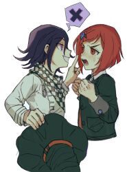 Rule 34 | 1boy, 1girl, black hair, blush, brown vest, checkered clothes, checkered scarf, cropped torso, danganronpa (series), danganronpa v3: killing harmony, eye contact, flipped hair, gem hair ornament, green headwear, green jacket, grey jacket, grin, hair between eyes, hat, highres, holding, holding unworn clothes, holding unworn hat, jacket, looking at another, medium hair, nasubinonono, oma kokichi, pink eyes, red hair, scarf, simple background, smile, sweat, teeth, tongue, unworn hat, unworn headwear, vest, white background, yumeno himiko