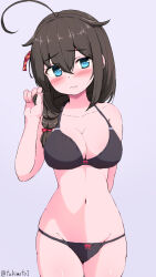 Rule 34 | 1girl, ahoge, black bra, black hair, black panties, blue eyes, bra, braid, breasts, cleavage, cowboy shot, grey background, hair flaps, hair over shoulder, highres, kantai collection, large breasts, long hair, panties, shigure (kancolle), shigure kai san (kancolle), simple background, single braid, solo, standing, tsukimoto reiji, underwear, underwear only