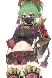 1girl absurdres armor belt black_belt black_gloves black_mask black_shirt black_shorts body_markings breasts cleavage commentary_request covered_mouth cowboy_shot crop_top cropped_jacket cropped_shirt eyeshadow fishnet_top fishnets genshin_impact gloves green_hair hair_between_eyes hair_ornament hand_on_own_hip highres jacket kuki_shinobu long_hair looking_at_viewer makeup mask medium_breasts midriff mouth_mask navel nihon_no_hentai ninja_mask open_clothes open_jacket ponytail purple_eyes purple_jacket purple_rope red_eyeshadow rope see-through_cleavage see-through_clothes shimenawa shirt short_shorts shorts shoulder_armor sidelocks simple_background solo standing thighhighs white_background
