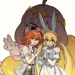 1boy 2girls absurdres ahoge animal_ear_hairband animal_ears artoria_caster_(fate) artoria_caster_(swimsuit_berserker)_(fate) artoria_caster_(swimsuit_berserker)_(second_ascension)_(fate) artoria_pendragon_(fate) bare_shoulders belt black_scrunchie blonde_hair blue_dress blursed_jollibee_mascot_suit_(meme) blush bow breasts cleavage command_spell dress dress_bow fake_animal_ears fate/grand_order fate_(series) fujimaru_ritsuka_(female) fujimaru_ritsuka_(female)_(summer_street) green_belt green_eyes grey_shorts hair_ornament hair_scrunchie hairband heart heart_hands heart_hands_duo highres jacket lix_118 long_hair looking_at_viewer mascot mascot_costume mascot_head meme multiple_girls navel oberon_(fate) open_mouth orange_hair puffy_sleeves rabbit_ears scrunchie see-through_clothes see-through_jacket short_hair shorts smile sweatdrop twintails v white_jacket yakudo_trio
