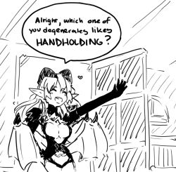 Rule 34 | 1girl, 4chan, ^ ^, artist request, black gloves, breasts, center opening, cleavage, closed eyes, collar, demon girl, demon horns, demon wings, english text, eyebrows, female focus, gloves, greyscale, happy, heart, holding hands is lewd, horns, large breasts, latenight, lilim (monster girl encyclopedia), monochrome, monster girl encyclopedia, open mouth, outstretched hand, pointy ears, sketch, smile, solo, speech bubble, teeth, text focus, wings