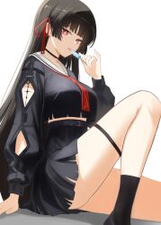 1girl absurdres black_hair black_serafuku black_shoes black_skirt black_socks blunt_bangs blunt_sidelocks bright_pupils chisa_(wuthering_waves) commentary food hair_ribbon highres hime_cut holding holding_food holding_popsicle long_hair long_sleeves looking_at_viewer looking_to_the_side neckerchief neimu_(neimuru) pleated_skirt popsicle red_eyes red_neckerchief red_ribbon ribbon sailor_collar school_uniform serafuku shoes sidelocks skirt socks solo tacet_mark_(wuthering_waves) thigh_strap tongue tongue_out white_pupils white_sailor_collar wuthering_waves