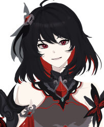 1girl alternate_hair_length alternate_hairstyle bare_shoulders black_collar black_hair collar colored_inner_hair commentary_request crowndaisy_3rd hair_ornament highres honkai_(series) honkai_impact_3rd looking_at_viewer medium_hair multicolored_hair parted_lips red_eyes red_hair seele_(alter_ego) seele_vollerei seele_vollerei_(starchasm_nyx) simple_background smile solo white_background