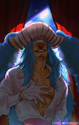 1boy absurdres blue_eyes blue_hair buggy_the_clown clown clown_nose facepaint facial_hair gloves goatee grin hands_on_own_chest hat highres large_pectorals long_hair looking_at_viewer male_focus one_piece open_clothes open_shirt pectoral_cleavage pectorals pirate_hat red_nose shirt signature smile solo upper_body vamos_mk white_gloves white_shirt