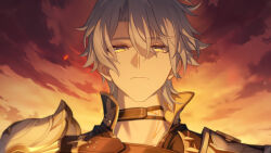 1boy absurdres armor bad_link belt black_belt black_choker black_shirt chest_belt choker cloud cloudy_sky collared_shirt game_cg hair_between_eyes highres honkai:_star_rail honkai_(series) incredibly_absurdres looking_at_viewer looking_down male_focus medium_hair neck_tattoo official_art phainon_(honkai:_star_rail) shirt shoulder_armor sky solo sun_symbol sun_tattoo sunset tan tattoo white_hair yellow_eyes