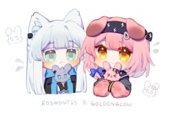 2girls :&lt; animal_ears arknights black_hairband blush character_name chibi chibi_only closed_mouth colored_eyelashes cropped_torso goldenglow_(arknights) green_eyes grey_hair hairband holding kuroba_ying lightning_bolt_print long_sleeves looking_at_viewer multiple_girls pink_hair rosmontis_(arknights) short_hair simple_background white_background yellow_eyes