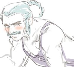 1boy absurdres blush braid facial_hair g_gundam grey_hair gundam gundam_gquuuuuux highres long_hair male_focus master_asia muscular muscular_male mustache name_connection parody planking scene_reference shimura_(hosshi) simple_background smile solo tank_top zooming_in