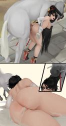1boy 1girl absurdres after_anal aftersex anal ass bayonetta bayonetta_(series) bestiality black_hair breasts cheezebawls cleft_of_venus cum cum_in_ass cum_pool cumdrip eating_hair elbow_gloves glasses gloves grabbing_another&#039;s_hair hetero highres horse large_breasts long_hair makeup outdoors penis pussy runny_makeup sex sex_from_behind tagme uncensored very_long_hair