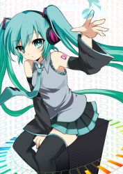 1girl aqua_eyes aqua_hair bad_id bad_pixiv_id detached_sleeves female_focus hatsune_miku headphones kayui_now long_hair musical_note necktie sitting skirt solo thighhighs twintails very_long_hair vocaloid white_background yamaha zettai_ryouiki