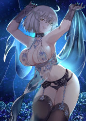 1girl ahoge arms_up artoria_pendragon_(lancer_alter)_(fate) artoria_pendragon_(lancer_alter)_(royal_icing)_(fate) bad_id bad_pixiv_id black_gloves black_thighhighs breasts choker cleavage club3 elbow_gloves fate/grand_order fate_(series) female_focus garter_belt garter_straps gloves highres jeanne_d&#039;arc_(fate) jeanne_d&#039;arc_alter_(avenger)_(fate) jeanne_d&#039;arc_alter_(fate) large_breasts looking_at_viewer navel official_alternate_costume parted_lips royal_icing short_hair silver_hair smile solo thighhighs yellow_eyes