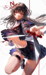 1girl absurdres arm_cutout bandaged_chest black_choker black_hair black_shirt black_skirt breasts bright_pupils chisa_(wuthering_waves) choker clothes_lift collarbone commentary_request foot_out_of_frame hair_ribbon highres holding holding_scissors large_breasts long_hair long_sleeves looking_at_viewer navel neckerchief no_bra parted_lips red_eyes red_neckerchief red_ribbon ribbon sailor_collar scissors sg_(under_siiiiii) shirt shirt_lift skirt solo stomach thighs very_long_hair white_pupils white_sailor_collar wuthering_waves