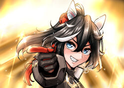 1girl absurdres animal_ears black_gloves black_hair blue_eyes ear_covers gloves hair_between_eyes hair_ornament highres horse_ears horse_girl kaito_schumacher katsuragi_ace_(umamusume) long_sleeves multicolored_hair pointing ponytail signature smile solo streaked_hair tassel tassel_hair_ornament umamusume upper_body white_hair