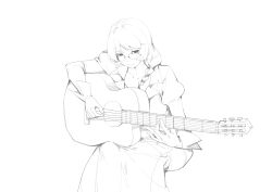 1girl absurdres acoustic_guitar braid chinese_commentary closed_mouth collarbone commentary_request glasses greyscale guitar hair_ornament hair_over_shoulder hairclip hanekawa_tsubasa highres holding holding_guitar holding_instrument instrument invisible_chair long_hair long_sleeves monochrome monogatari_(series) music playing_guitar playing_instrument shirt sitting sketch skirt solo sterlank white_background