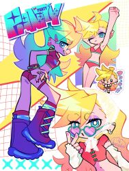 Rule 34 | 4girls, boots, chibi, crop top, ear piercing, earrings, frills, hatake (hatanosuke), heart, heart-shaped eyewear, highres, jewelry, lace-trimmed sleeves, lace trim, multiple girls, panty &amp; stocking with garterbelt, panty (psg), piercing, red nails, ribbon, school uniform, short shorts, shorts, tally, underwear