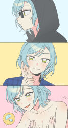 2girls bang_dream! black_hoodie blue_hair blush braid chieh closed_mouth commentary grabbing_another&#039;s_breast green_eyes groping highres hikawa_hina hood hood_up hoodie maruyama_aya multiple_girls open_mouth side_braid smile spoken_sweatdrop sunglasses sweat sweatdrop symbol-only_commentary yuri