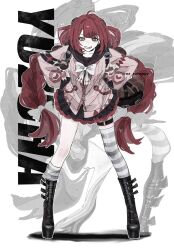 1girl black_boots black_sailor_collar black_skirt boots bow cardigan chest_bow full_body green_eyes hand_on_own_hip highres long_hair loose_thighhigh ox_xohappy pink_cardigan red_hair sailor_collar school_uniform skirt smile striped_clothes striped_thighhighs thighhighs twintails ukinami_yuzuha white_bow zenless_zone_zero