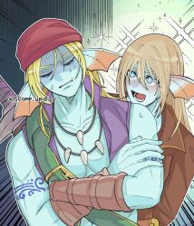 Rule 34 | + +, 2boys, arm guards, arm tattoo, azbar (dragon quest), bandana, blonde hair, blue skin, blush, brown shirt, collarbone, colored skin, commentary request, crossed arms, dragon quest, dragon quest x, emphasis lines, fins, fish boy, head fins, highres, hyuuza (dq10), jewelry, long hair, male focus, monster boy, multiple boys, muscular, muscular male, necklace, official alternate design, partially shaded face, purple vest, red bandana, scone umaize, shirt, sparkle, sweatdrop, sword, sword on back, tattoo, tooth necklace, twitter username, upper body, vest, weapon, weapon on back