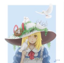 animal animal_on_head artist_name bad_id bad_pixiv_id berry bird bird_on_hand bird_on_head blonde_hair blue_background blue_dress blush branch chinese_commentary commentary_request dated dove dress egg hat highres juliet_sleeves kana_anaberal lips long_sleeves looking_at_viewer medium_hair nest nest_on_head on_head one_eye_closed plant puffy_sleeves red_ribbon ribbon simple_background smile solo sun_hat touhou touhou_(pc-98) upper_body vines yellow_eyes yingmu_tiantian