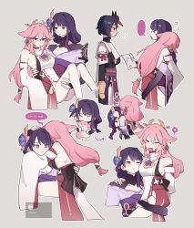 3girls ? animal_ear_piercing animal_ears arm_around_neck armor artist_name back bare_shoulders blue_hair blunt_bangs blush breasts bridal_gauntlets carrying carrying_person chibi cleavage closed_mouth clothing_cutout collarbone commentary confused couple detached_sleeves english_commentary english_text from_behind full-face_blush genshin_impact grey_background hair_between_eyes hair_ornament headpiece heart highres holding holding_paper hug japanese_clothes jewelry kimono kujou_sara light_smile long_hair looking_at_another looking_down looking_to_the_side looking_up mask mask_on_head multiple_girls nonons off_shoulder one_eye_closed open_mouth paper pendant pink_hair princess_carry purple_eyes purple_hair purple_kimono raiden_shogun red_mask sash shade short_hair shoulder_armor shoulder_cutout sideboob simple_background speech_bubble spoken_heart standing sweatdrop watermark wide_sleeves yae_miko yae_miko_(fox) yuri