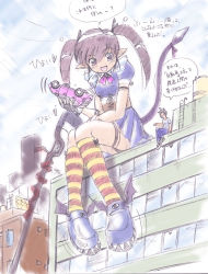 1boy building car city demon demon_tail giant giantess kemo motor_vehicle pointy_ears roof rooftop scythe shoes sitting smile socks striped_legwear tail talking translation_request twintails winged_footwear wings