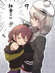 2girls ayataka_syumimi beret black_choker black_jacket black_shirt braid brown_hair choker closed_eyes commentary crown girls_band_cry grey_eyes grey_hair hat highres hug iseri_nina jacket kawaragi_momoka long_hair low_twin_braids multicolored_hair multiple_girls red_choker roots_(hair) shirt short_hair short_twintails symbol-only_commentary translated twin_braids twintails white_hat yuri
