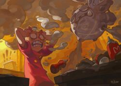 ! !! 2boys animal_ears artist_name blowing_smoke burger burgerpants cat_boy cat_ears cigarette clenched_teeth counter creatures_(company) crossover despair fangs food furry game_freak gen_1_pokemon hands_on_own_head hands_up hat indoors ketchup_bottle kitchen male_focus mettaton multiple_boys niking nintendo open_mouth poke_ball pokemon pokemon_(creature) red_shirt robot shirt short_sleeves signature skull_and_crossbones smoke smoke_trail smoking table teeth undertale weezing yellow_eyes yellow_theme