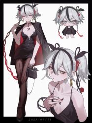 1girl alternate_costume black_coat black_dress black_hairband camellya_(wuthering_waves) coat coat_on_shoulders collarbone dress gigi20040323 hairband highres jewelry multicolored_hair pantyhose ring solo streaked_hair twintails white_background wuthering_waves