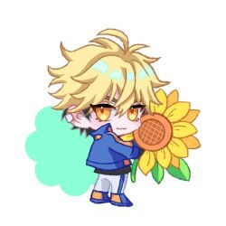 1boy :3 black_hair black_shirt blonde_hair blue_jacket blue_shoes blush chibi chibi_only ear_piercing flower full_body grey_pants hair_behind_ear hair_between_eyes holding holding_flower jacket long_sleeves looking_at_viewer male_focus multicolored_hair orange_eyes pants piercing pomp0727 shiguang_dailiren shirt shoes short_hair smile solo sunflower white_background xia_fei yellow_flower