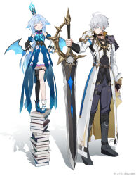 Rule 34 | 1boy, 1girl, absurdres, antenna hair, armor, artist name, auui, black gloves, black pants, blue eyes, blue hair, blue shoes, book, book stack, cerydra (honkai: star rail), commentary request, crown, dawnmaker (honkai: star rail), detached sleeves, dress, fingerless gloves, gloves, grey hair, hair between eyes, hands on own hips, highres, holding, holding sword, holding weapon, honkai: star rail, honkai (series), long hair, long sleeves, looking at another, mini crown, pants, pauldrons, phainon (honkai: star rail), shoes, shoulder armor, simple background, single pauldron, smug, standing, sword, twitter username, weapon, white background, wings