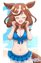 Rule 34 | 1girl, animal ears, beach, bikini, blush, breasts, brown hair, cleavage, collarbone, commentary request, fluffy hair, hair between eyes, hair ornament, highres, horse ears, horse girl, matikane tannhauser (umamusume), matty (matsutomo), medium breasts, medium hair, navel, ocean, signature, solo, swimsuit, umamusume