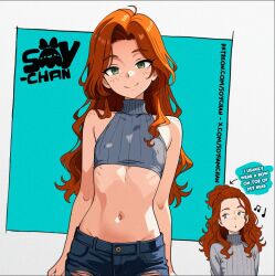 1girl aqua_background arrow_(symbol) artist_name bare_arms bare_shoulders closed_mouth commentary commentary_request covered_erect_nipples cropped_sweater english_commentary english_text flat_chest freckles green_eyes grey_sweater long_hair midriff mixed-language_commentary multiple_views musical_note navel orange_hair original pants patreon_username ribs self-portrait shoulder_freckles smile soyiamchan spanish_commentary stomach sweater torn_clothes torn_pants turtleneck turtleneck_sweater twitter_username two-tone_background watermark web_address white_background