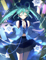 1girl aqua_hair bamboo blue_jacket blue_skirt blush braid braided_hair_rings closed_eyes closed_mouth earrings hair_between_eyes hair_ornament hair_rings hatsune_miku heart heart_earrings highres holding_hands jacket jewelry long_hair magical_mirai_(vocaloid) magical_mirai_miku magical_mirai_miku_(2025) midriff night night_sky official_alternate_costume official_alternate_hairstyle open_clothes open_jacket skirt sky small_stellated_dodecahedron smile solo star_(sky) star_(symbol) star_hair_ornament tanabata twintails user_rdnw5528 very_long_hair vocaloid