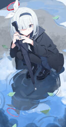 1girl absurdres black_choker black_coat black_hairband black_pantyhose black_sailor_collar black_shirt black_shoes blue_archive blue_skirt blunt_bangs bow bright_pupils chinese_commentary choker closed_mouth coat commentary fanshuimucishen fingernails full_body grey_hair gun hair_bow hair_over_one_eye hairband halo highres leaf loafers long_hair long_sleeves looking_afar neckerchief open_clothes open_coat outdoors pantyhose parted_bangs plana_(blue_archive) pleated_skirt puddle red_halo red_pupils reflection reflective_water ripples sailor_collar sailor_shirt school_uniform serafuku shirt shoes sidelocks skirt solo squatting turning_head umbrella umbrella_gun very_long_hair water weapon white_bow white_hair white_neckerchief wide_sleeves