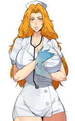 1girl alternate_hair_color bleach blue_eyes breasts collarbone curvy dr_octojuice female_focus gloves hat large_breasts lips long_hair matsumoto_rangiku mole mole_under_mouth nurse nurse_cap orange_hair parted_bangs simple_background stethoscope stethoscope_around_neck white_background wide_hips