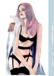 1girl absurdres black_bra black_panties bra cigarette coat coat_on_shoulders commentary cowboy_shot dated epaulettes eyelashes garter_straps highres hina_(one_piece) long_hair looking_to_the_side one_piece panties pink_hair popsweetyio solo underwear white_coat