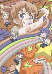 5girls black_socks blonde_hair blue_eyes blue_hair blue_sailor_collar blush_stickers chibi closed_eyes closed_mouth dot_nose full_body green_eyes grey_hair hair_ornament inose_mai koisuru_asteroid konohata_mira long_hair long_sleeves looking_at_viewer manaka_ao messy morino_mari multiple_girls no_shoes one_eye_closed open_mouth open_sweater orange_hair paint paint_splatter paintbrush pink_sweater ponytail qb_(qb46311027) red_eyes sailor_collar sakurai_mikage school_uniform serafuku short_hair short_sleeves sitting socks standing star_(symbol) star_hair_ornament sweater teeth tongue tongue_out v