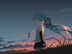 Rule 34 | 1girl, absurdres, arm tattoo, bare shoulders, blue eyes, blue hair, blue sky, cloud, commentary, detached sleeves, dusk, from side, gradient sky, grass, half-closed eyes, hashtag-only commentary, hatsune miku, highres, long hair, melit, mountainous horizon, necktie, orange sky, outdoors, pixel art, plain, profile, shirt, skirt, sky, sleeveless, solo, tattoo, twintails, vocaloid
