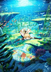 1boy absurdres aether_(genshin_impact) blonde_hair braid coral fish genshin_impact gloves highres long_hair looking_at_viewer ocean scarf scenery seafloor seaweed shuu_illust solo stairs sunlight swimming underwater water yellow_eyes