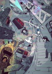 alarm_clock alien all-terrain_vehicle argemia_(voices_of_the_void) artist_name beanie black_hair chain-link_fence character_doll clock commentary doll dr_kel_(voices_of_the_void) english_commentary fence hat highres jellyfish kerfur_(voices_of_the_void) mannequin maxwell_the_cat medium_hair motor_vehicle mushroom robot round_eyewear rquattroki server signature stairs tinfoil_hat tree vinesauce vineshroom voices_of_the_void