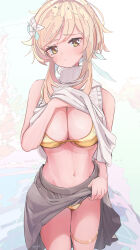 1girl absurdres alternate_costume bikini blonde_hair breasts brown_skirt cleavage clothes_lift commentary_request cowboy_shot feather_hair_ornament feathers flower genshin_impact gold_bikini hair_flower hair_ornament highres hooriyuu lifting_own_clothes looking_at_viewer lumine_(genshin_impact) medium_breasts navel shirt shirt_lift sidelocks skirt skirt_lift sleeveless sleeveless_shirt solo stomach swimsuit thigh_strap white_shirt yellow_eyes